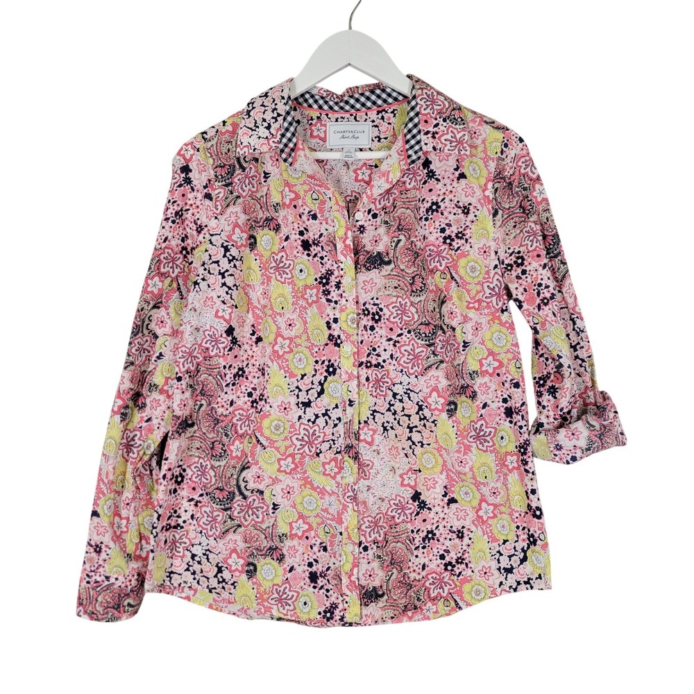 Charter Club Shirt‎ Shop Blouse Womens 6 Pink Floral Paisley Cotton Button Down
